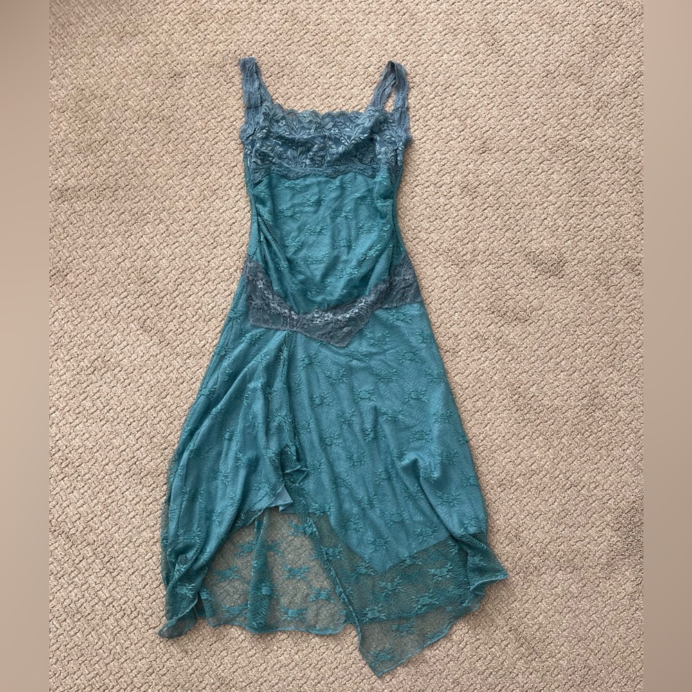 Y2K Teal Whimsigoth Ann Ferriday Lace Fairy Dress Romantic Feminine